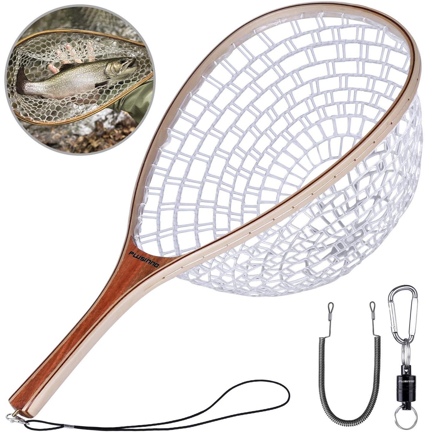 PLUSINNO Fly Fishing Net with Wooden Frame and Magnetic Release, Soft Rubber Mesh for Trout and Bass Catch and Release
