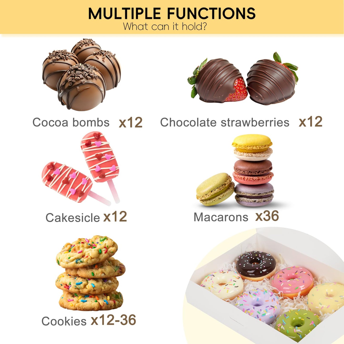 Moretoes 30pcs Auto-Popup Cookie Boxes, 12x8x2.5 Inches Bakery Boxes with 3 Style Windows for Chocolate Covered Strawberries, Donuts, Pastries,Cake Pops