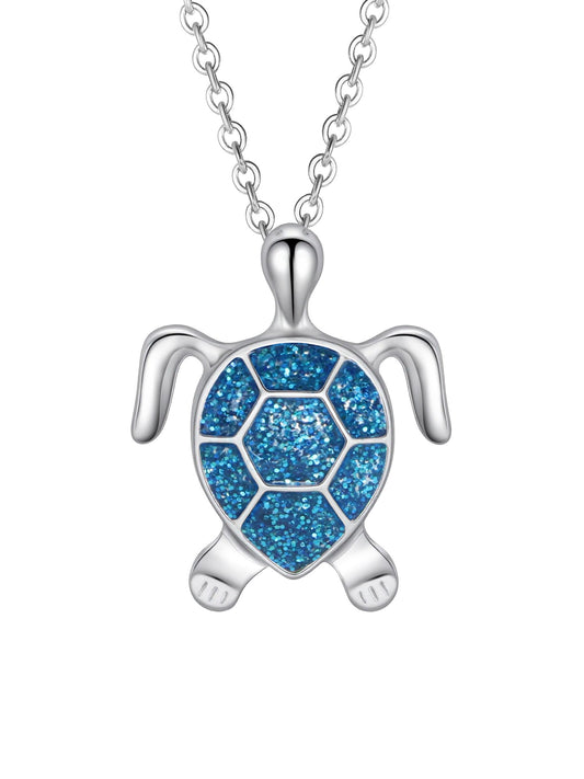 PIYIZ Cute Turtle Necklace Women's Halloween Party Jewelry Silver Plated Stainless Steel Dainty Ocean Jewelry Blue Enamel Pendant with 18 Inch Chain