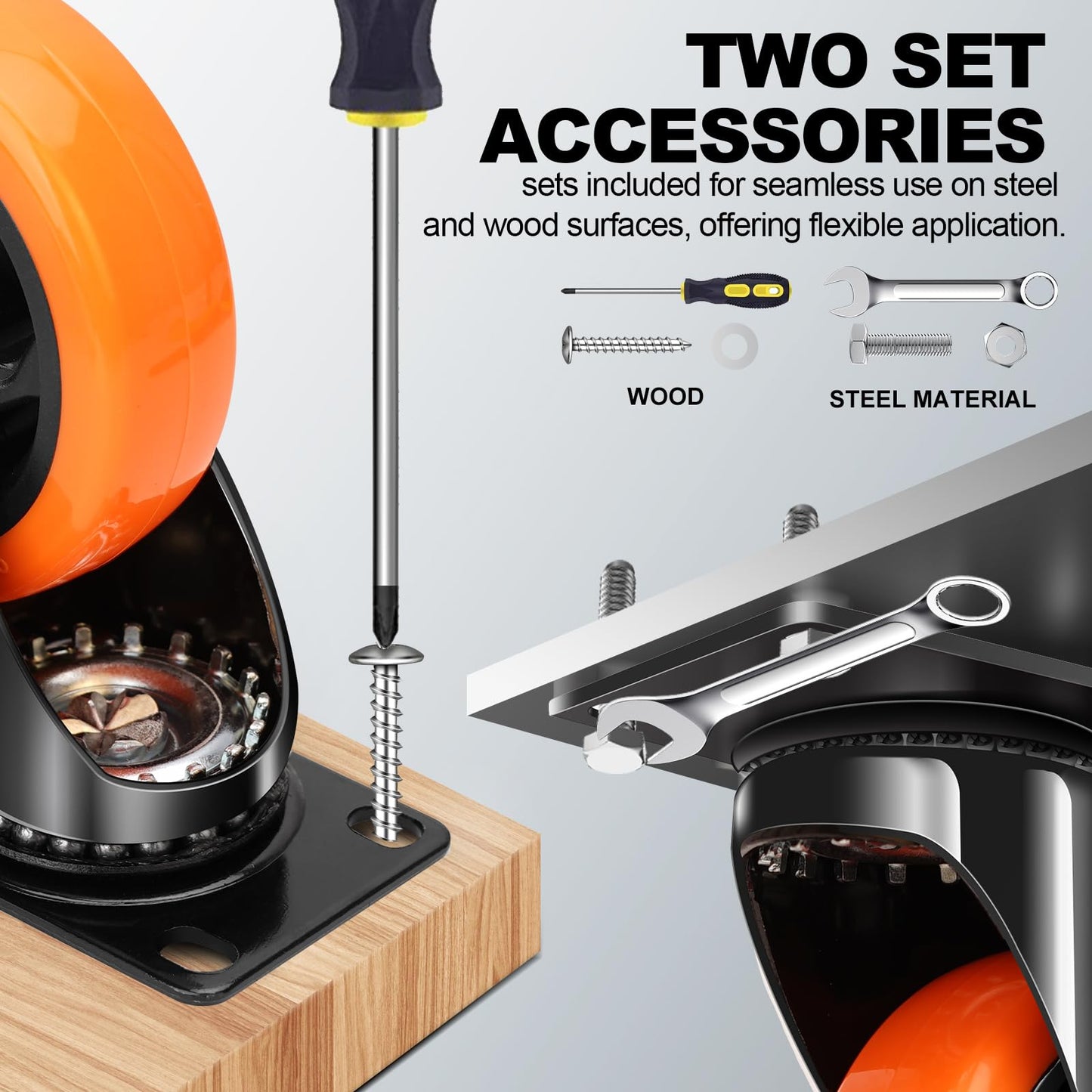 5 Inch Orange Heavy Duty Locking Caster Wheels Set of 4 – 2600LBS Total Capacity, PU Industrial Casters with Dual Brake for Workbench, Machinery & Warehouse Carts – Heavy Duty Industrial Use Only