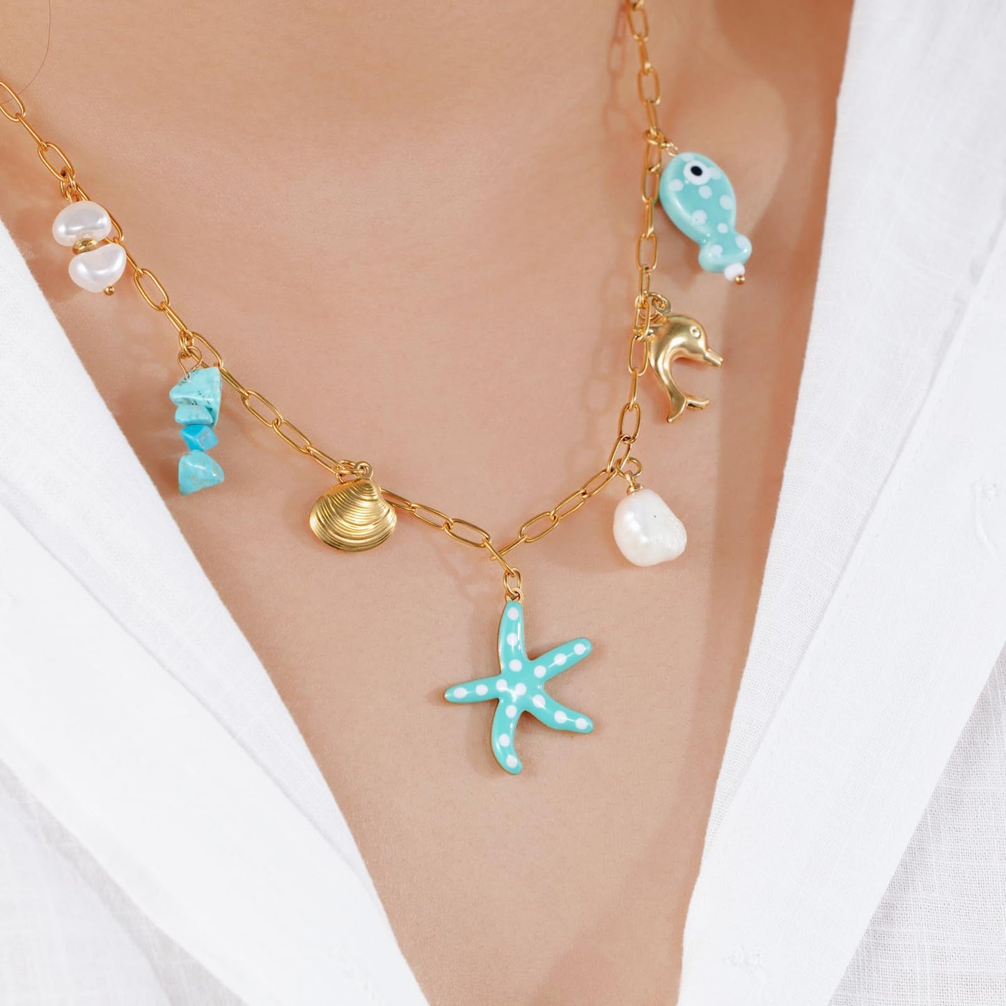 Chunky Gold Necklace Statement Boho Beach Ocean Summer Stainless Steel Jewelry Shell Starfish Turquoise Dolphin Pearl Sun Flower Wave Heart Fish Charm Choker Necklaces for Women(Teal)