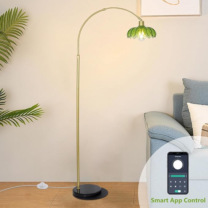 Arc Floor Lamps for Living Room, Gold Floor Lamp with Remote, Glass Standing Lamp for Bedroom, Green Flower Lamp with LED Bulb, Height Adjustable Tall Lamps for Office, Modern Stand Up Lamp Decor