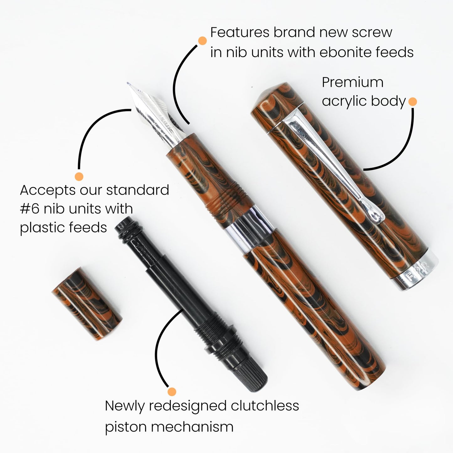 Jaipur V2 Piston Filled Refillable Fountain Pen - Brown Ultra Flex Cursive Pen w/Stainless Steel Nib - Luxury Pens w/Acrylic Body & Ebonite Feed - Fountain Pens for Journaling & Calligraphy