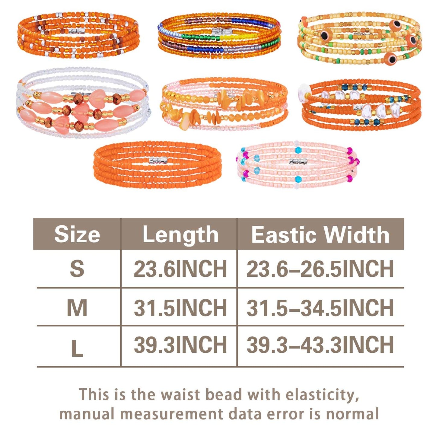 ELABEST Adjustable Handmade Waist Beads Stretchy 23-52 inch 8Pcs Chakra Body Belly Beaded Women Waist, Anklet, Bracelet, Necklace Jewelry with Screw clasp (Orange, 39.3inch/100cm)