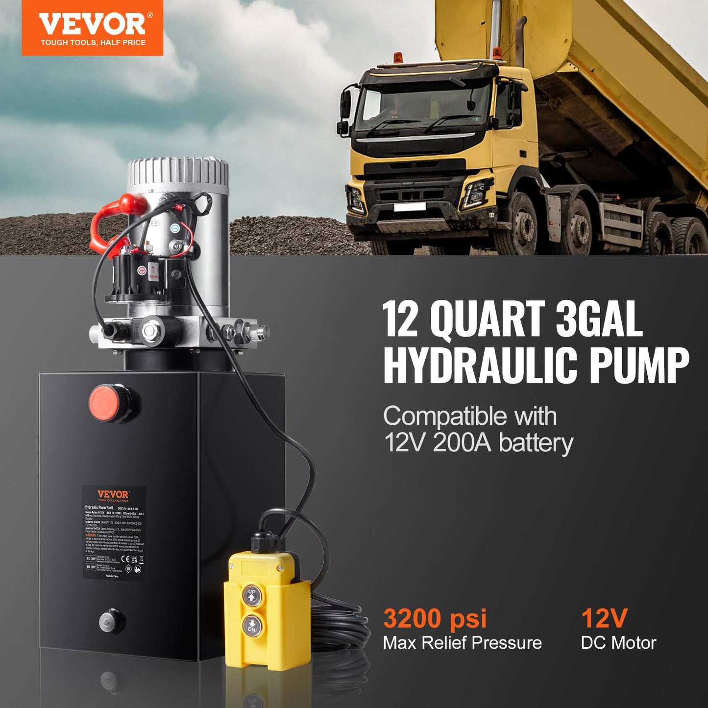 VEVOR Hydraulic Power Unit 12 Quart Hydraulic Pump 12V Dump Trailer Pump Single Acting Hydraulic Power Pack 3200 PSI Electric Hydraulic Pump with Steel Reservoir for Car Lift
