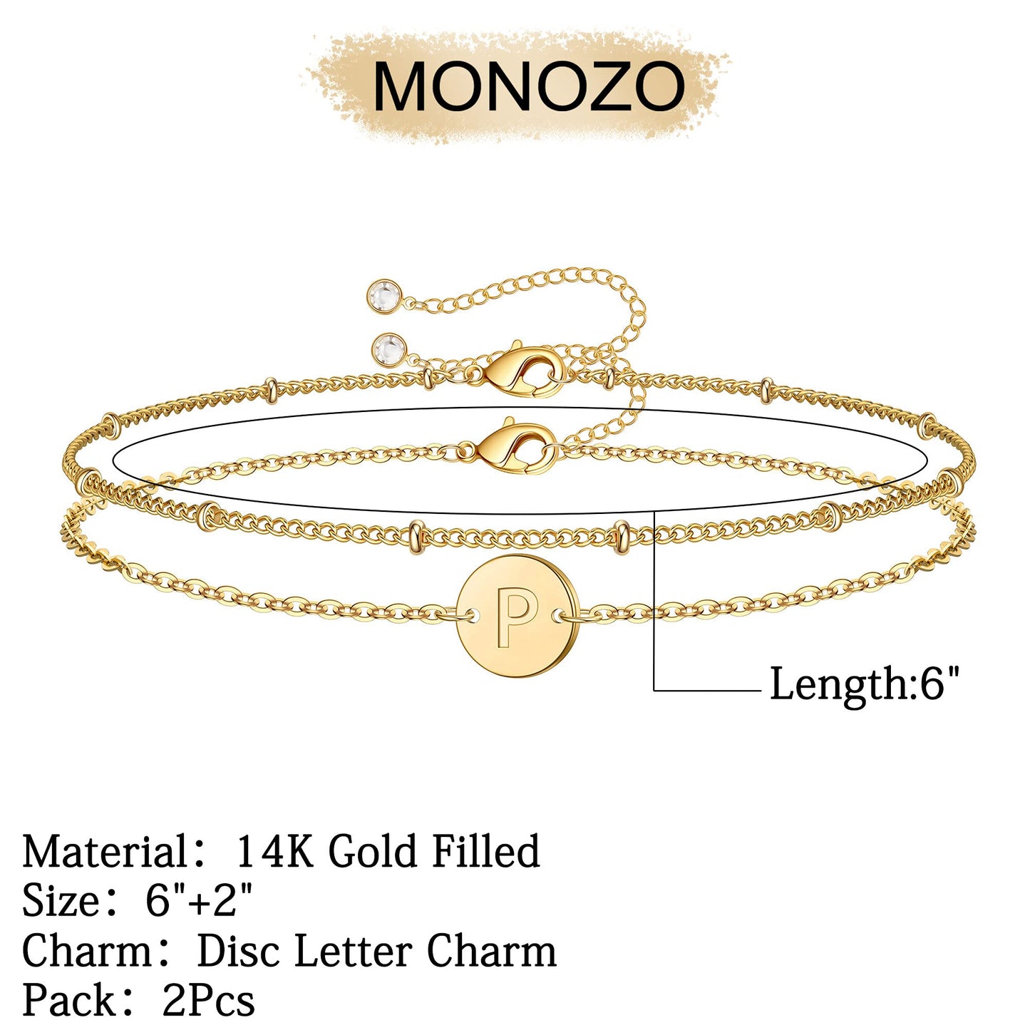MONOZO Gold Initial Bracelets for Women, Dainty 14K Gold Filled Layered Beaded P Letter Initial Bracelet Personalized Alphabet Disc Monogram Charm Bracelet Jewelry Gifts