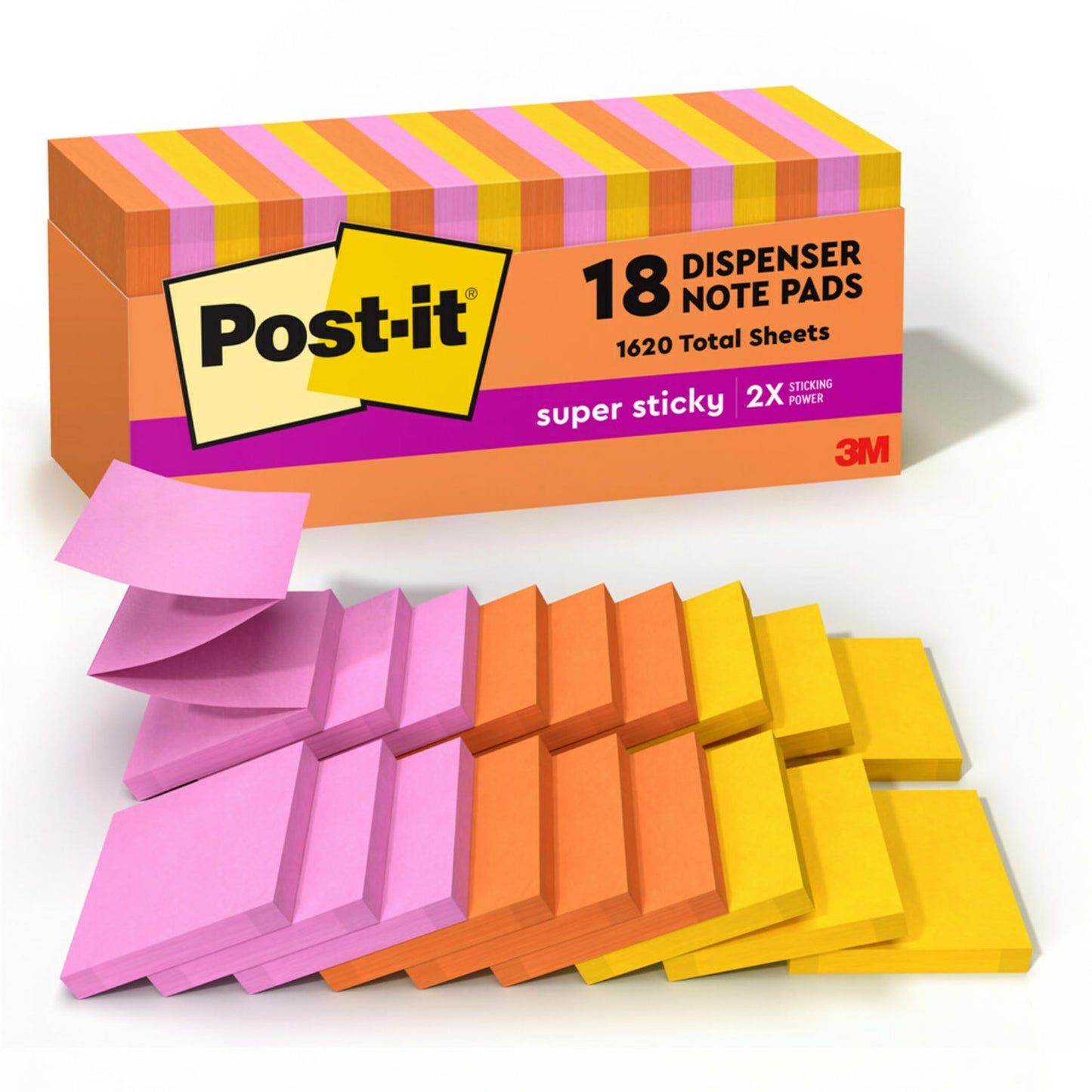 Post-it Super Sticky Dispenser Pop-up Notes, 18 Sticky Note Pads, 3 x 3 in., 2X the Sticking Power, School Supplies and Oﬃce Products, Use with Post-it Note Dispensers, Energy Boost Collection
