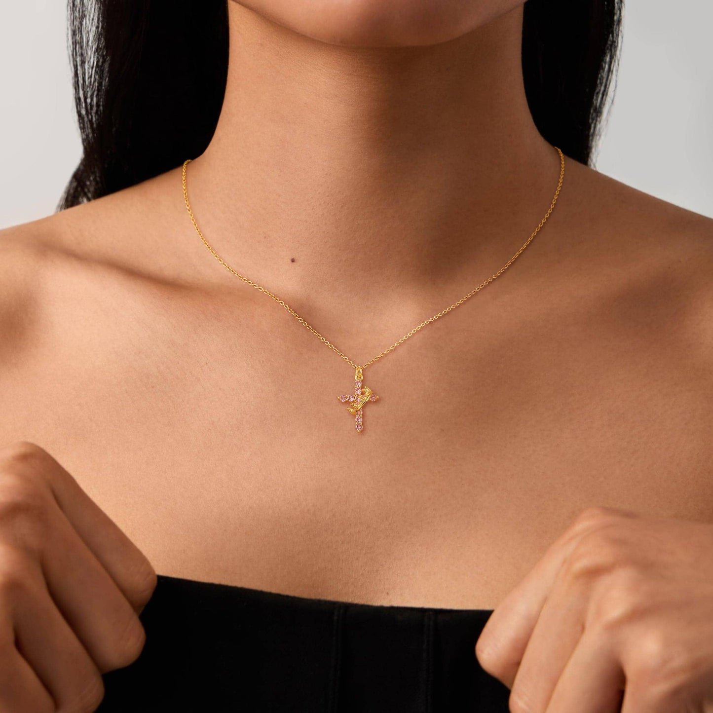 Robaice Birthstone Crown Cross Necklace for Women, Gold-Plated Christian Faith Necklace, Cross Jewelry Gift for Women, October Pink Tourmaline Gift