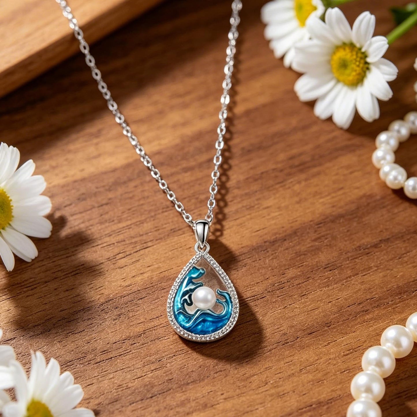 Beach Necklace for Women Wave Pendant Necklace with Pearl, Summer Ocean Inspired Jewelry for Beach Vacation Outfit Gift