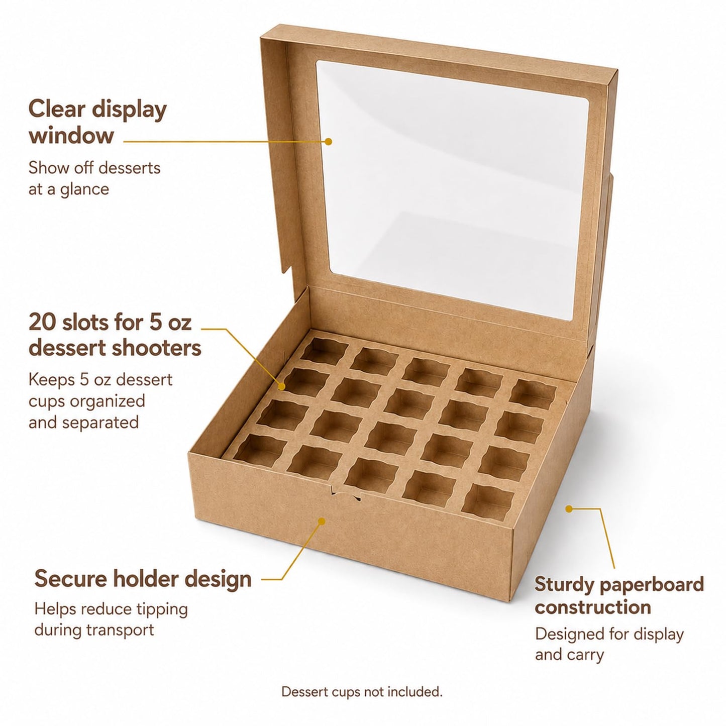 JRWTY Dessert Shooter Boxes 5 Pack, Each Box Holds 20 Count 5 oz Dessert Shooter Cups, Food-Grade Dessert Cup Holder Boxes with Inserts, Dessert Shooter Box Packaging for Parties, Catering (Brown)