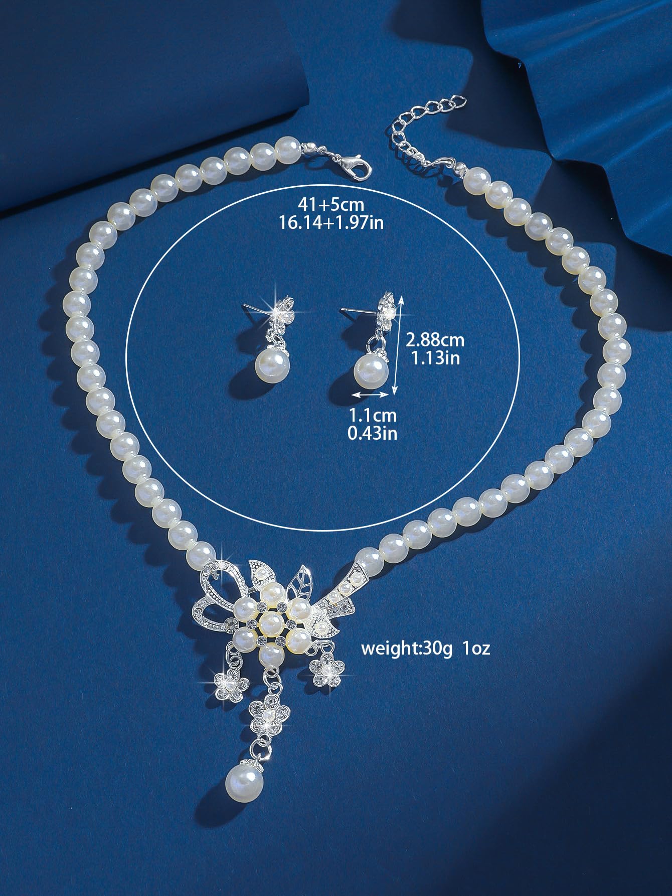 Meztole Pearl Necklace and Earring Set for Women,Pearl Jewelry Set Fake Pearls Necklace Imitation Beaded Collar de Perlas Para Mujer Necklaces for Prom Bridesmaid Costume Accessories C-Silver Flower