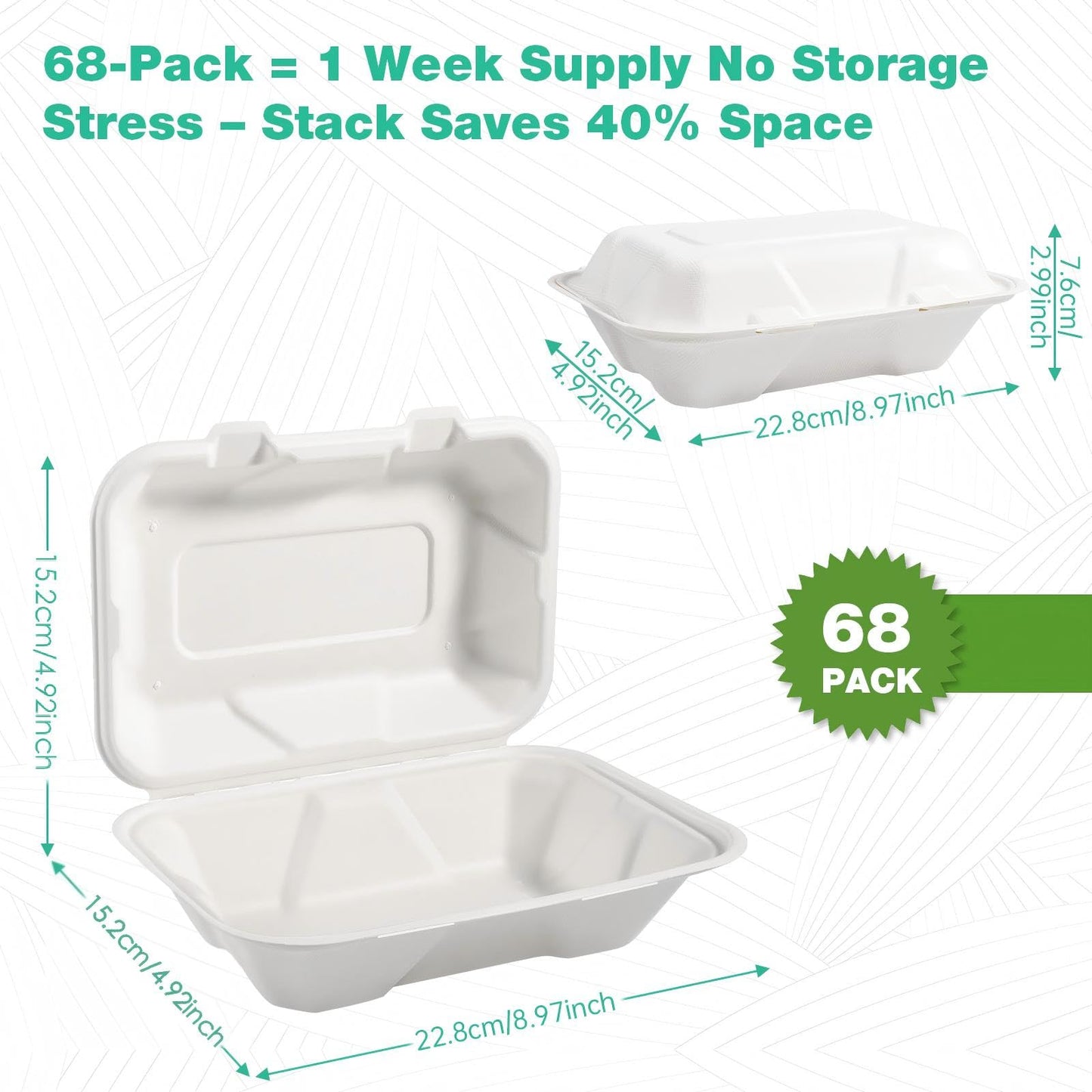 OasisSN 𝟵𝘅𝟲", 𝟲𝟴-𝗣𝗮𝗰𝗸 Clamshell Take Out Food Containers, Compostable Heavy-Duty Disposable Paper Lunch Boxes，Eco-Friendly Biodegradable To Go Containers For Food(White)
