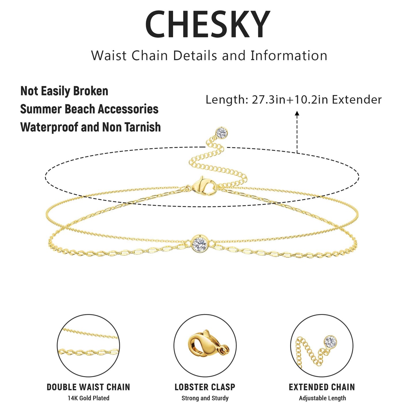 Risamil 14K Gold Plated Waist Chain for Women, Layered Belly Belt Chains Beach Waist Beads Waterproof Lip Chain Body Chain Summer Jewelry Accessories for Women