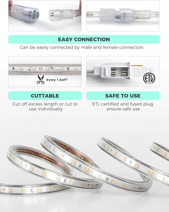 GZBtech AC 110-120V LED Strip Lighting 132FT/40M, 2800K Warm White IP65 Waterproof Outdoor Strip Lights, 60LEDs/M SMD2835 Cuttable & Connectable LED Rope Light for Indoor Outside Exterior, ETL Listed