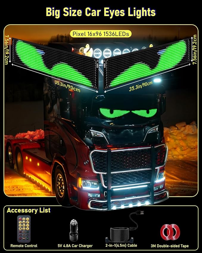 LED Devil Eye Lights for Windshield 35.3"x7.5"[2PCs], Dual Screen Sync with APP & Remote Control, Windshield Eyes Animated, USB-Powered, Programmable Evil Eyes for Big Car Truck RV Window
