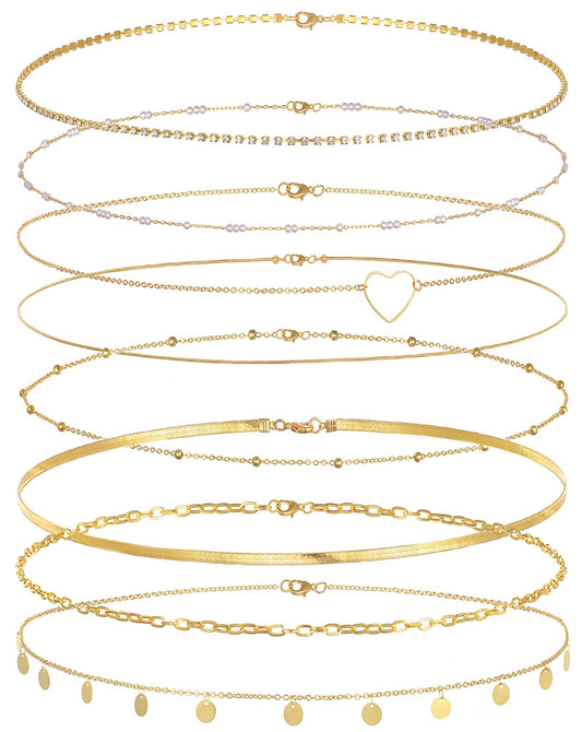 Tornito 8Pcs Waist Belly Chain 18K Gold Plated CZ Heart Pearl Snake Bead Sequin Paperclip Belly Chain Summer Beach Sexy Body Chains Jewelry Accessories for Women Adjustable