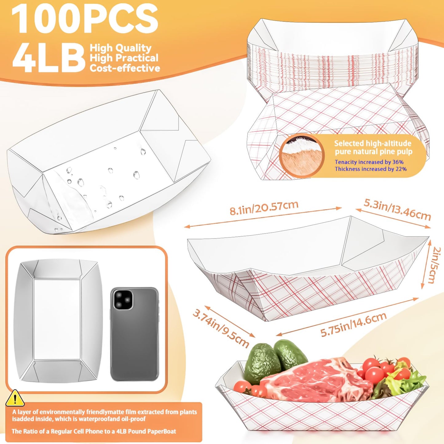 MotBach 100 Pack Extra Large 4Lb Paper Food Boats Trays Disposable Paper Boat Containers, Checkered Kraft Food Serving Tray Boats Baskets for Snack Popcorn BBQ Hot Dog Burger Sandwich Taco Fries Nacho