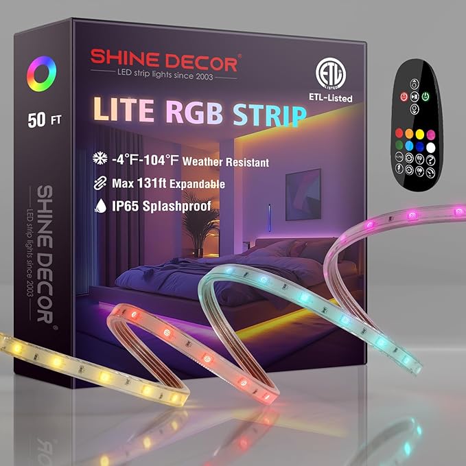 Shine Decor 120V RGB LED Strip Light Remote Control, Cold Resistant IP65 Waterproof Outdoor Strip Lighting Color Changing, Connectable Lite Multicolor Lighting Strip 7x13mm, 50 FT 450 LEDs ETL Listed