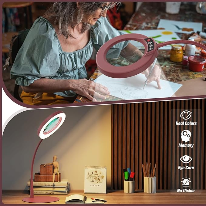 10X Magnifying Glass with Light and Stand, 5 Color Modes Stepless Dimmable LED Lighted Desk Lamp, Hands Free Flexible Gooseneck Magnifier with Light for Craft Hobby Painting Close Work - Red