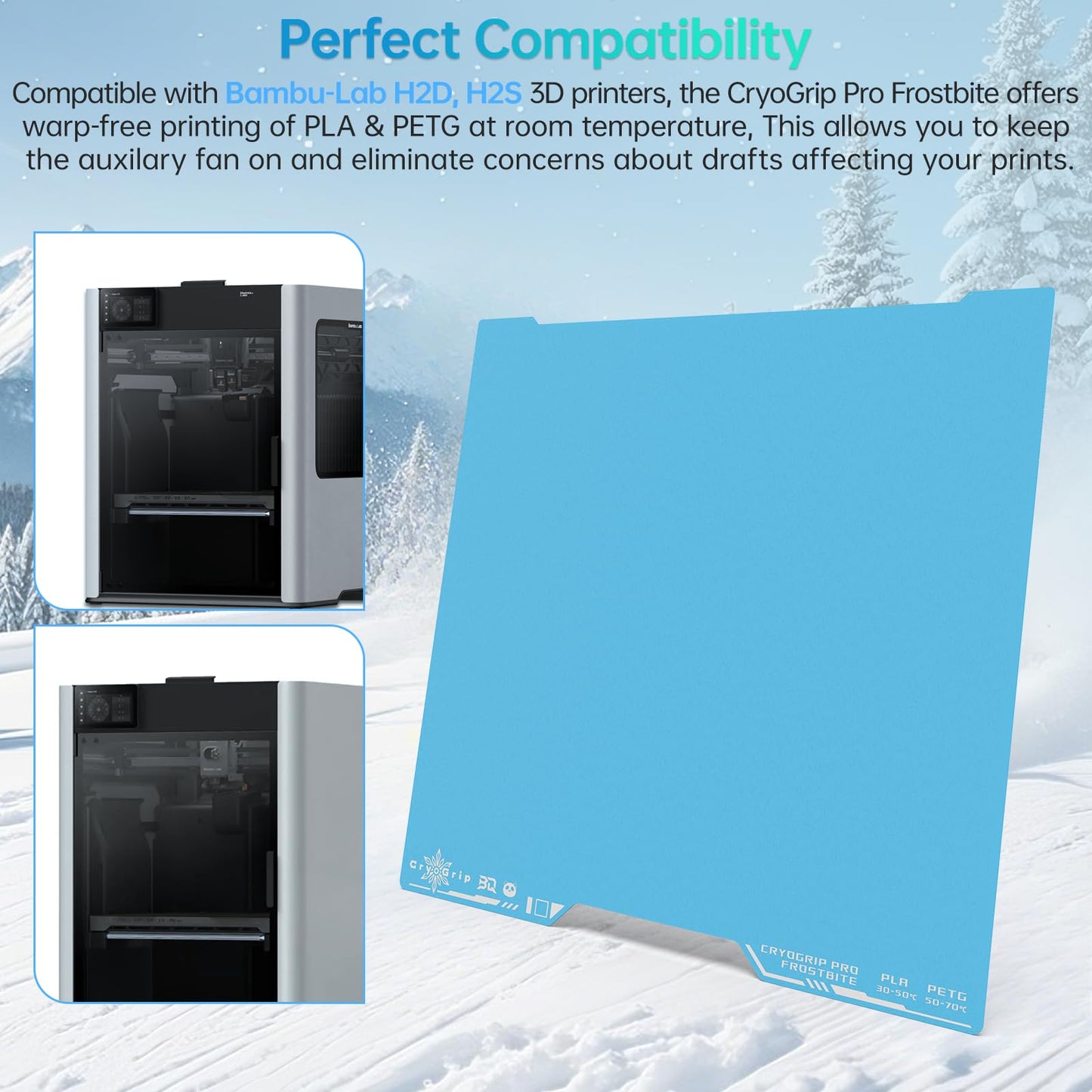 BIQU Cryogrip Pro Frostbite for Bambu-Lab H2D/H2S 3D Printers Cold Build Plate 355x346MM Double Sided Strong Adhesion Spring Steel Sheet Room Temperature Print Upgrade Removable Heated Bed Cover
