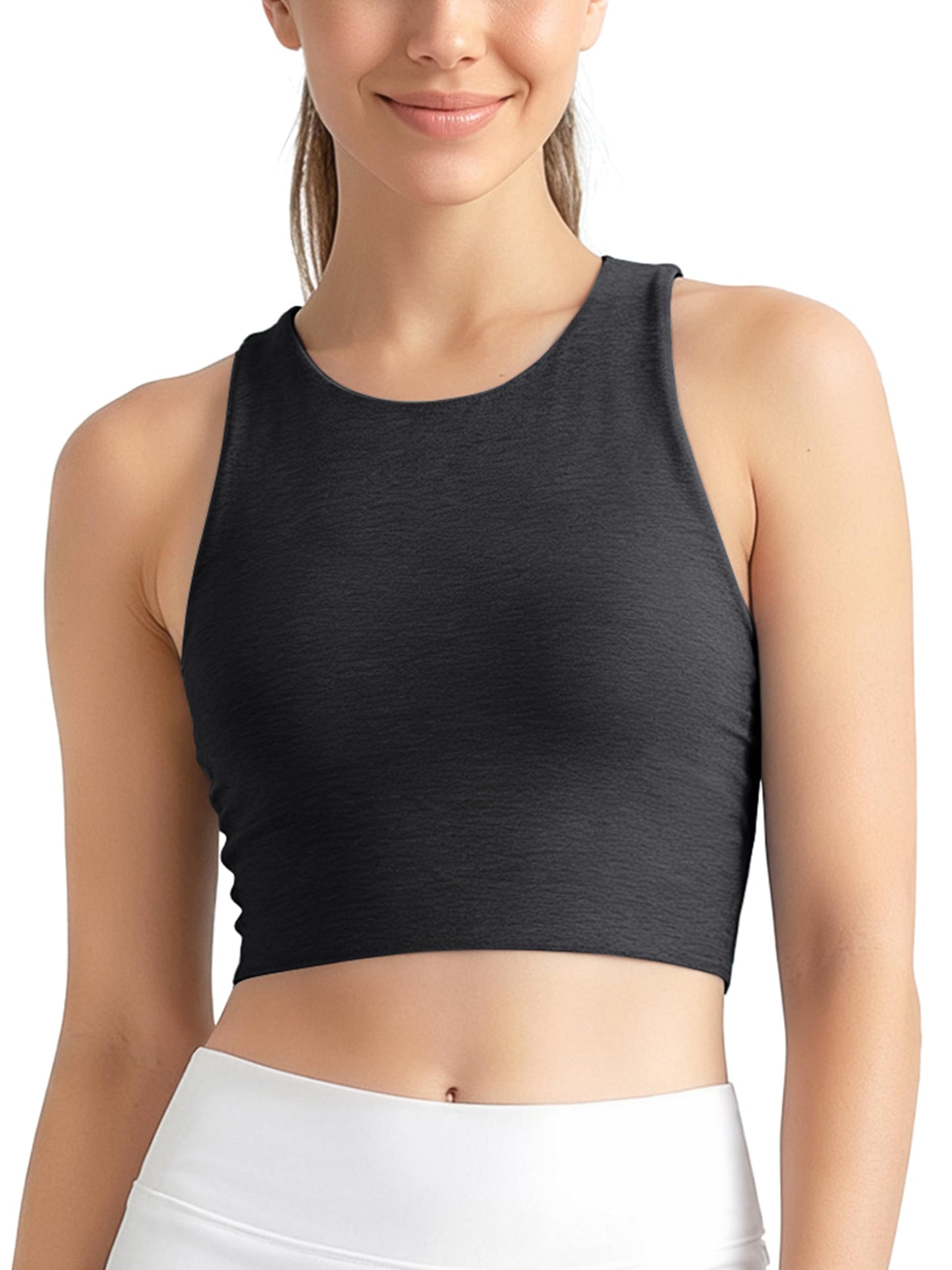 ODODOS Women's Racerback Tank Bra High Neck Non Padded Medium Support Sports Bra Ultra Soft odSTRATUM Tech Yoga Crop Tops, Black Heather, Medium