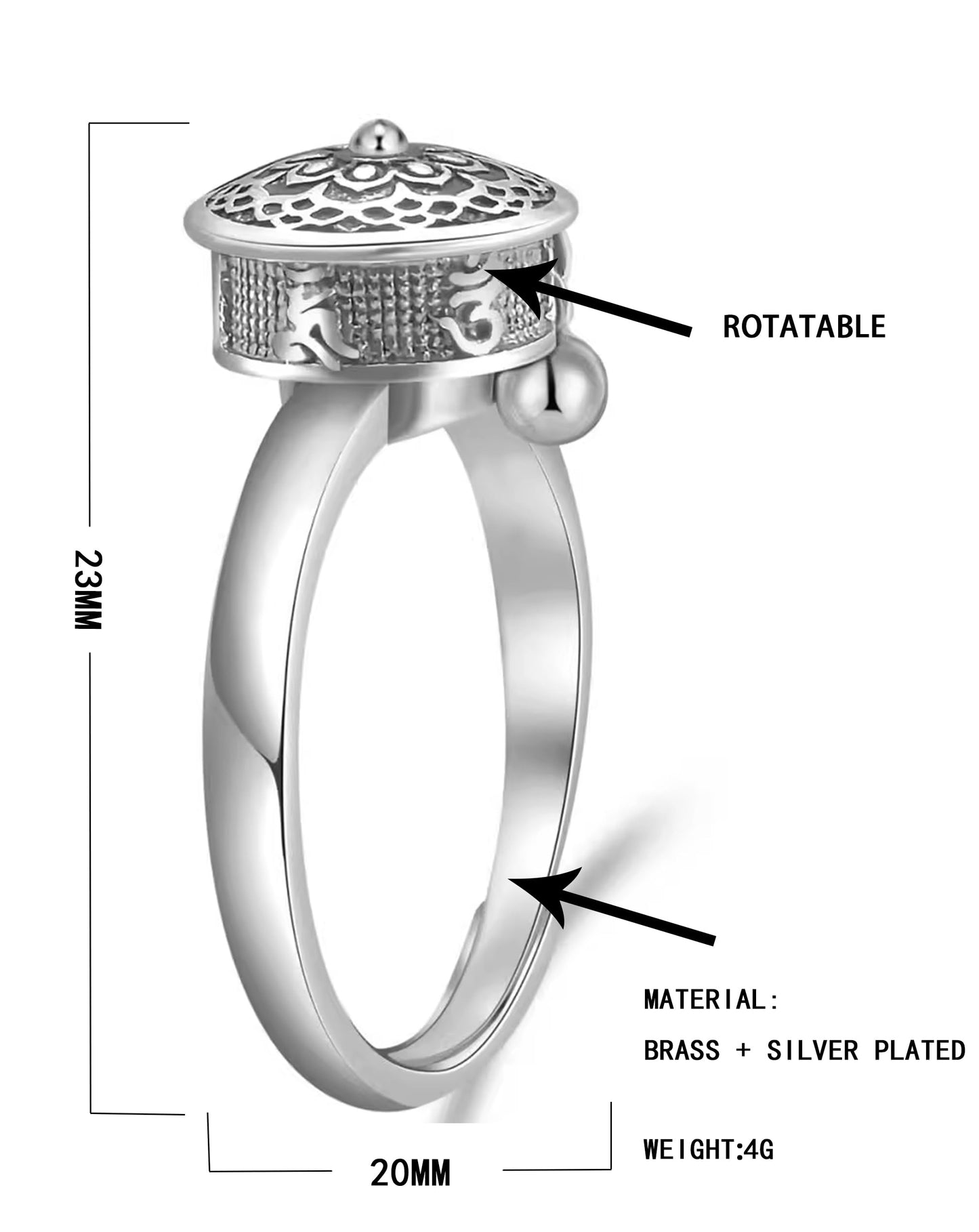 JAJAFOOK Silver Plated Brass Rotating Buddhist Prayer Wheel Ring Adjustable Lotus Spinner Ring for Meditation and Stress Relief