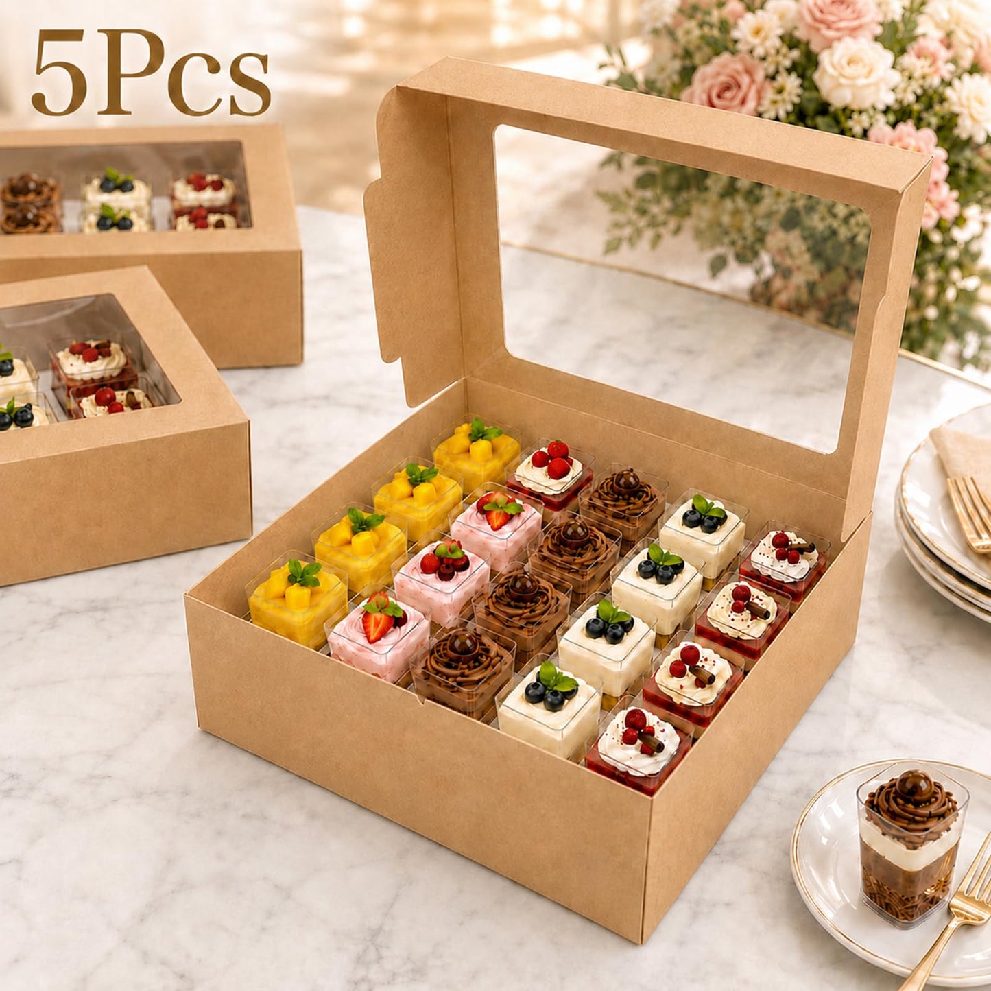 JRWTY Dessert Shooter Boxes 5 Pack, Each Box Holds 20 Count 5 oz Dessert Shooter Cups, Food-Grade Dessert Cup Holder Boxes with Inserts, Dessert Shooter Box Packaging for Parties, Catering (Brown)