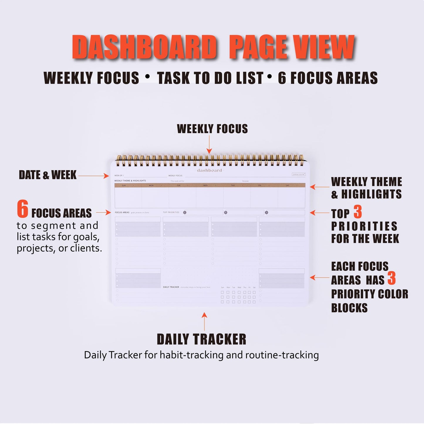 ZERONE CENTRE Productivity Weekly Planner - 54 Sheets Dashboard Spiral Deskpad Has 6 Focus Areas to List Tasks for Goals, Projects, Clients, Academic, or Shopping-Organize Your Daily Work Efficiently