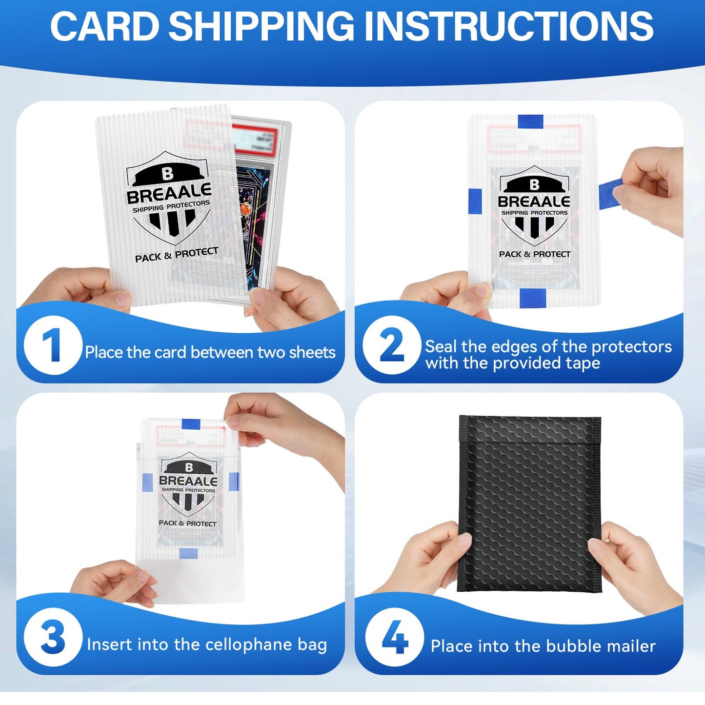 BREAALE Trading Card Shipping Kit, Includes 100 4'' x 6'' Graded Card Shipping Protectors, 50 6'' x 8.7'' Envelope Bubble Mailers, 20M Painter’s Tape, 50 Cellophane Bags, PSA BGS CGC Slabs & Raw