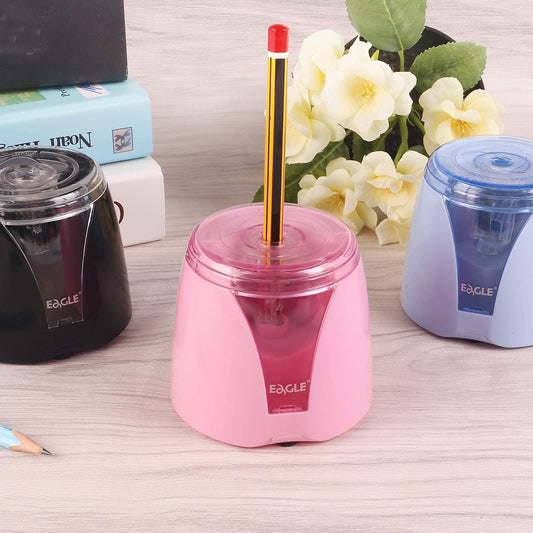 Eagle Electric Pencil Sharpener, Battery Powered, Large Shaving Holders, Carbon Steel Blades, Portable, Reusable and Replaceable Blade, Suitable for Kids, Home, School and Office use (Pink)