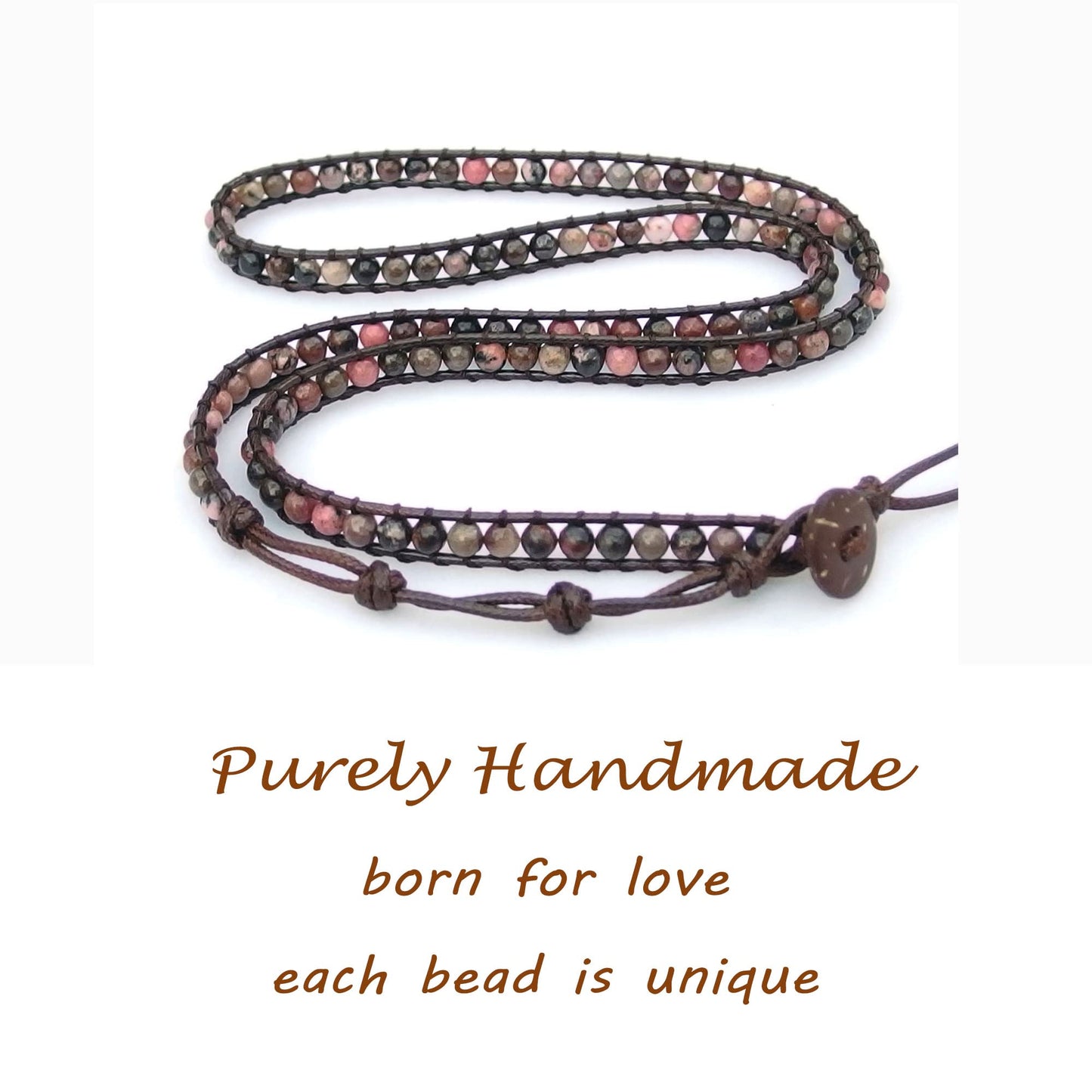 Ayriwoyi Beaded Wrap Bracelet Wrap Bracelets for Women Natural Rhodonite Stone Beads Adjustable Bohemian Bracelet Handmade Jewelry Gifts for Women