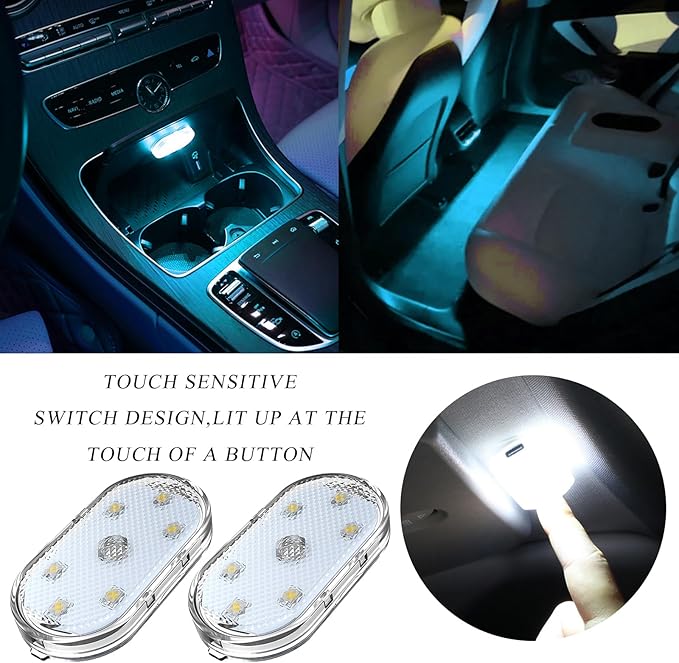 2 PCS Car LED Lights Interior Wireless, Magnetic Car Ambient Lighting with 6 Bright LED Lamp Beads, Portable USB Rechargeable Vehicle Interior Led Night Light for Car (Ice Blue)