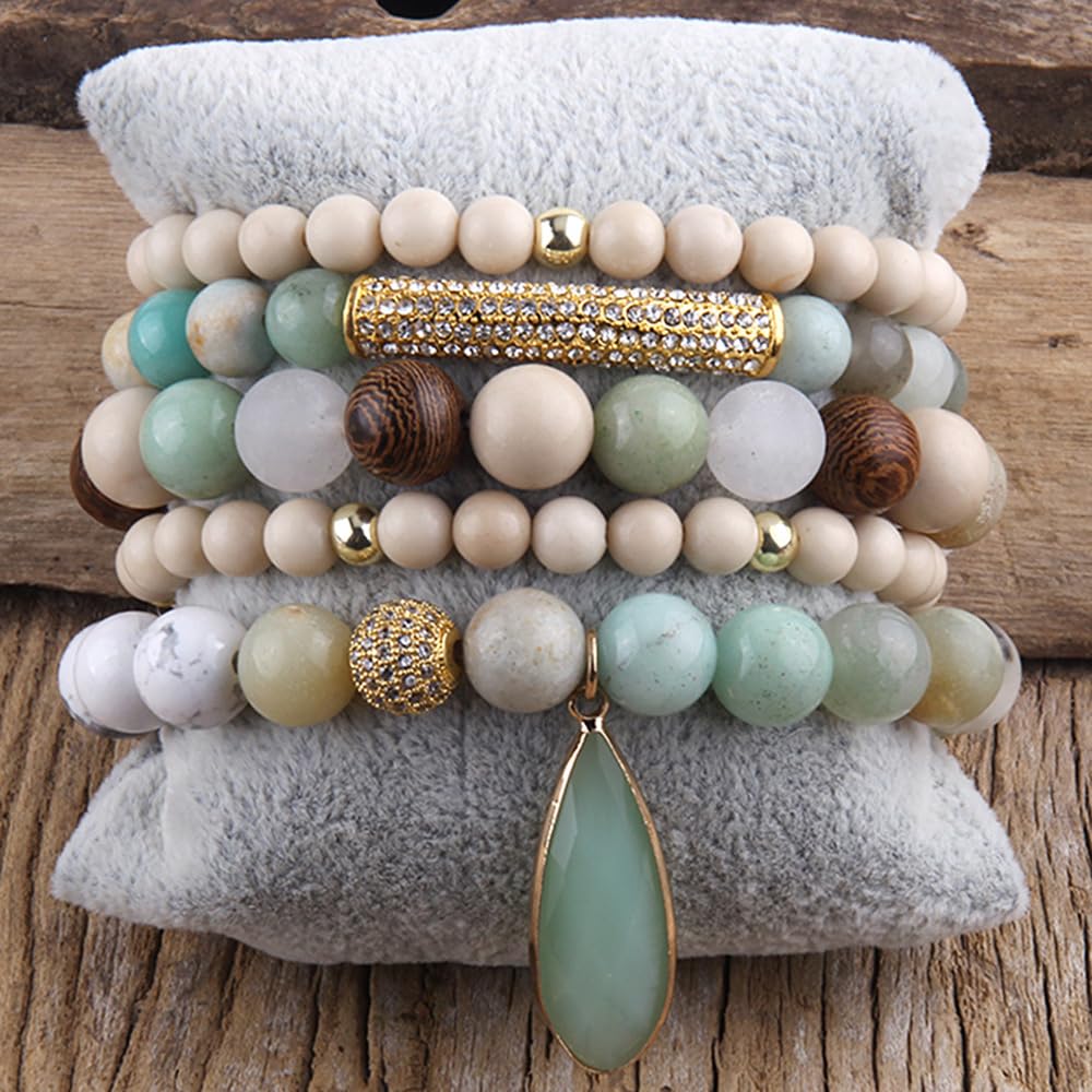 Yomisa Boho Beaded Bracelets/Bangle for Women,Multilayer Wrap 6PCS Healing Natural Pink Crystal Stone Bead Bracelets Stackable Friendship Stretch Beaded Bracelet Set Trendy Bohemian Jewelry Gift