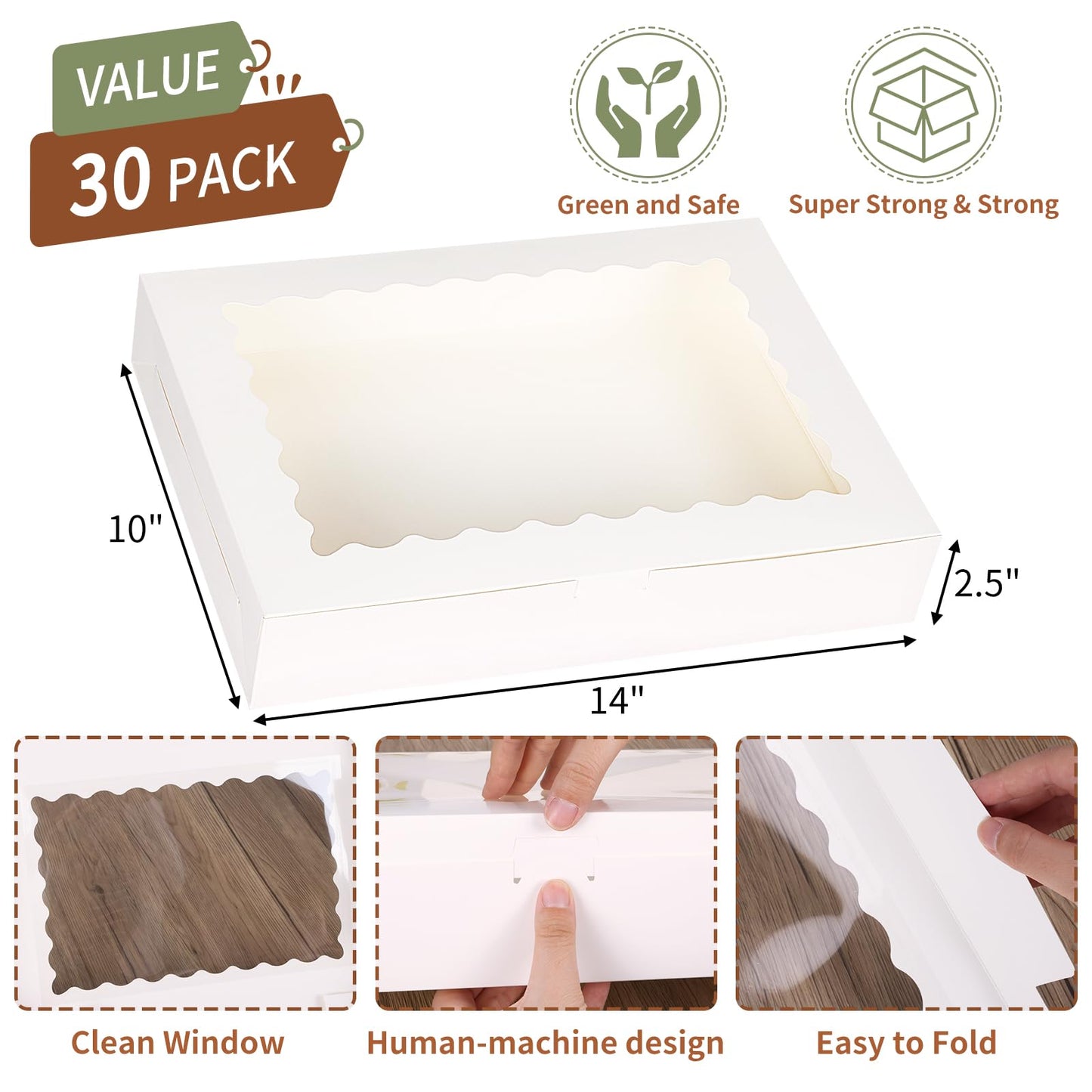 TOMNK 30pcs Cookie Boxes, 14x10x2.5 Inch Large Treat Boxes with Window for Treats, Pies, Chocolate Strawberries Muffins, Donuts, Dessert