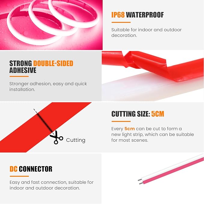 24V COB Neon Strip, 320LEDs/m Ultra-Bright Flexible COB Neon LED Strip, Outdoor Waterproof IP68 Self-Adhesive Tape, Red/White 2-Wire LED Fairy Lights for Patio, Christmas（Pink,17M）