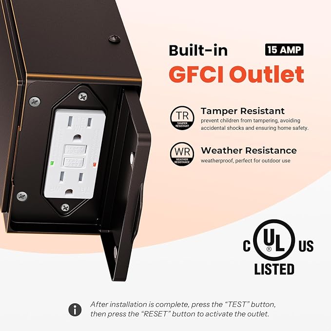 Gleamz Outdoor Porch Light with GFCI Outlet, Oil Rubbed Bronze Gold Trim Farmhouse Exterior Lighting Fixtures with Outlet for House, Waterproof Outdoor Wall Sconce, Anti-Rust Aluminum Outside Light