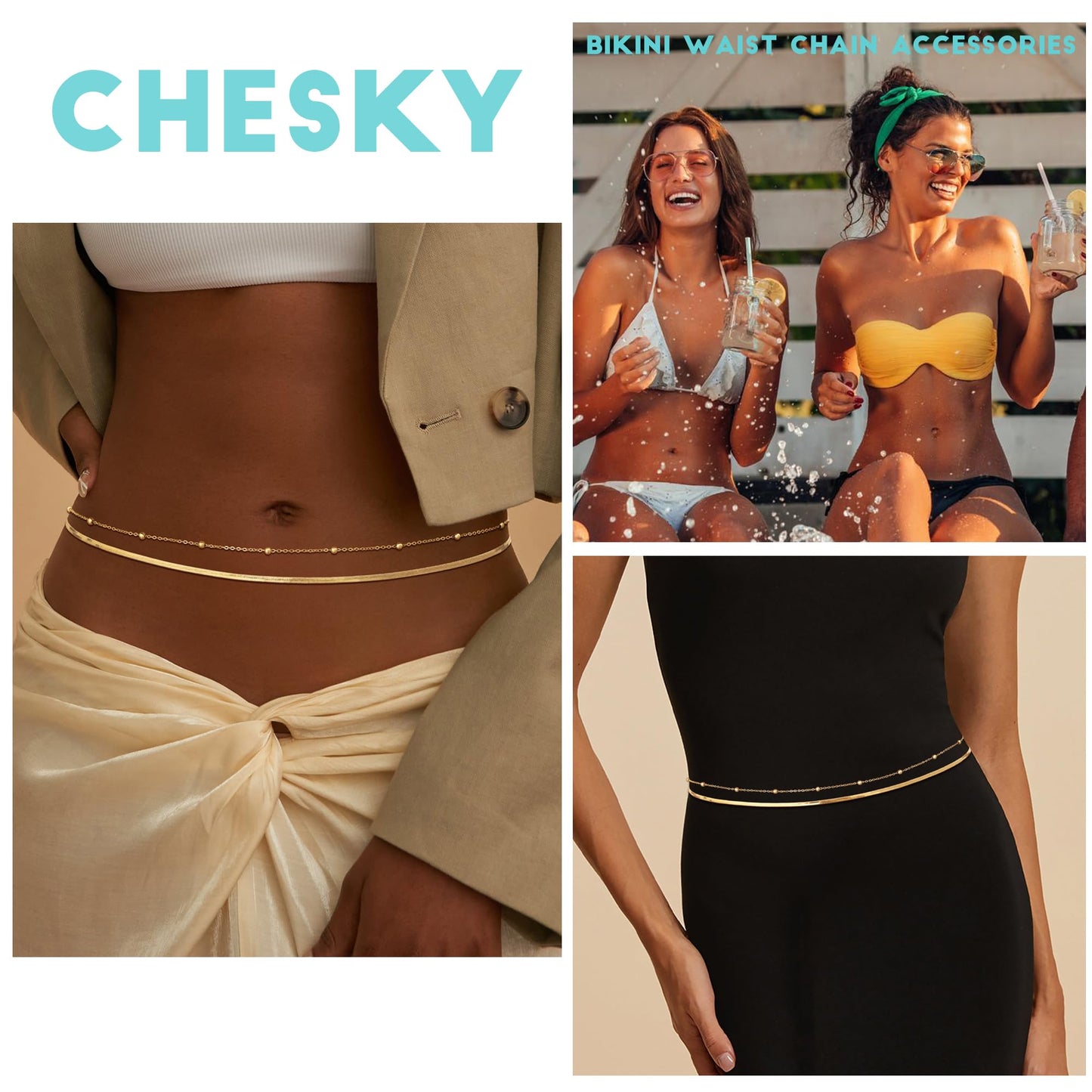 CHESKY 14K Gold Plated Waist Chain for Women, Layered Belly Belt Chains Beach Waist Beads Chain Waterproof Herringbone Snake Body Chain Summer Jewelry Accessories for Women