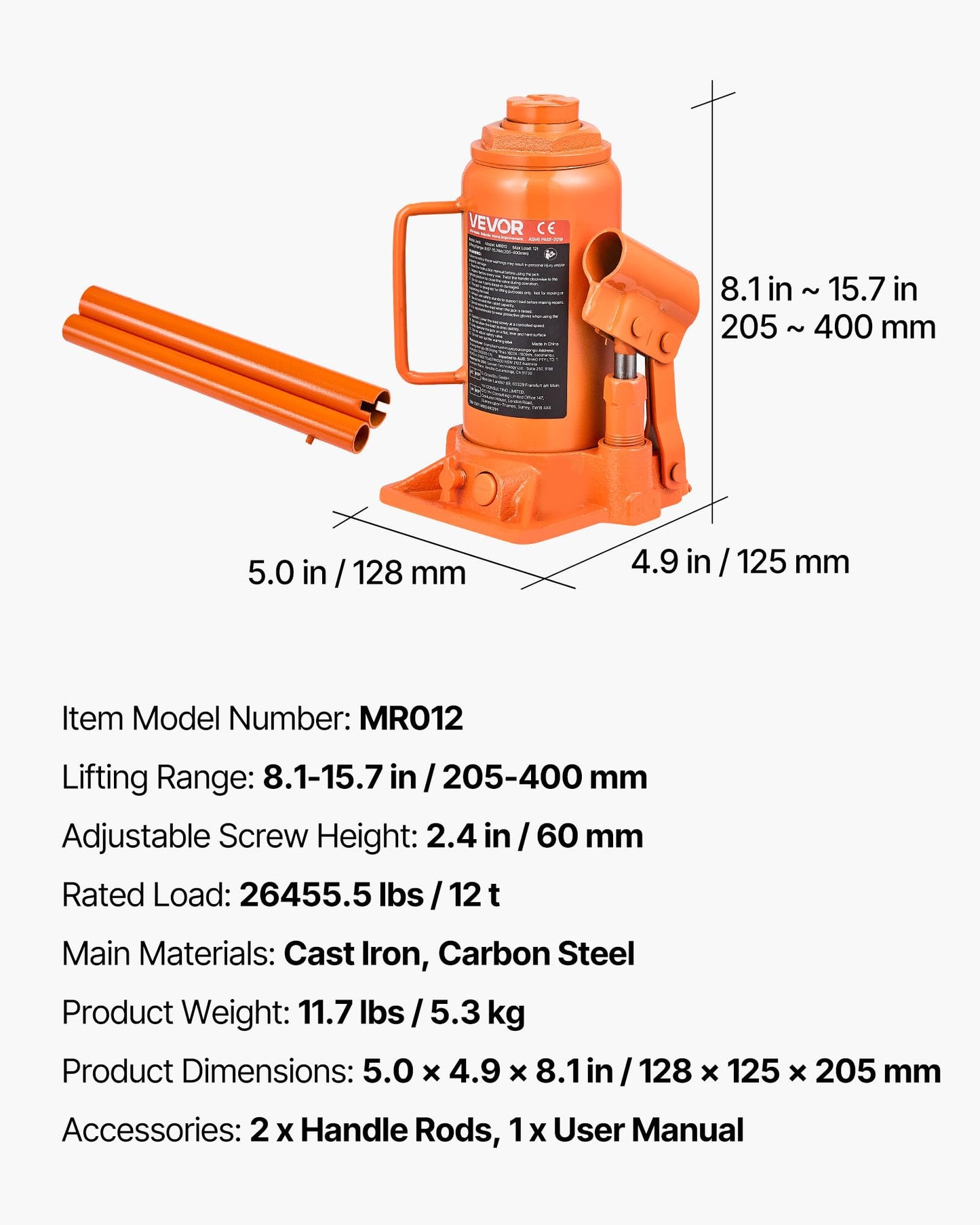 VEVOR Hydraulic Bottle Jack, 12 Ton/24000 lbs All Welded Car Hydraulic Jack, Features 7.5-14 in Lifting Range & 3-Section Long Handle, for Pickup Truck, Truck, RV, Auto Repair Industrial Engineering