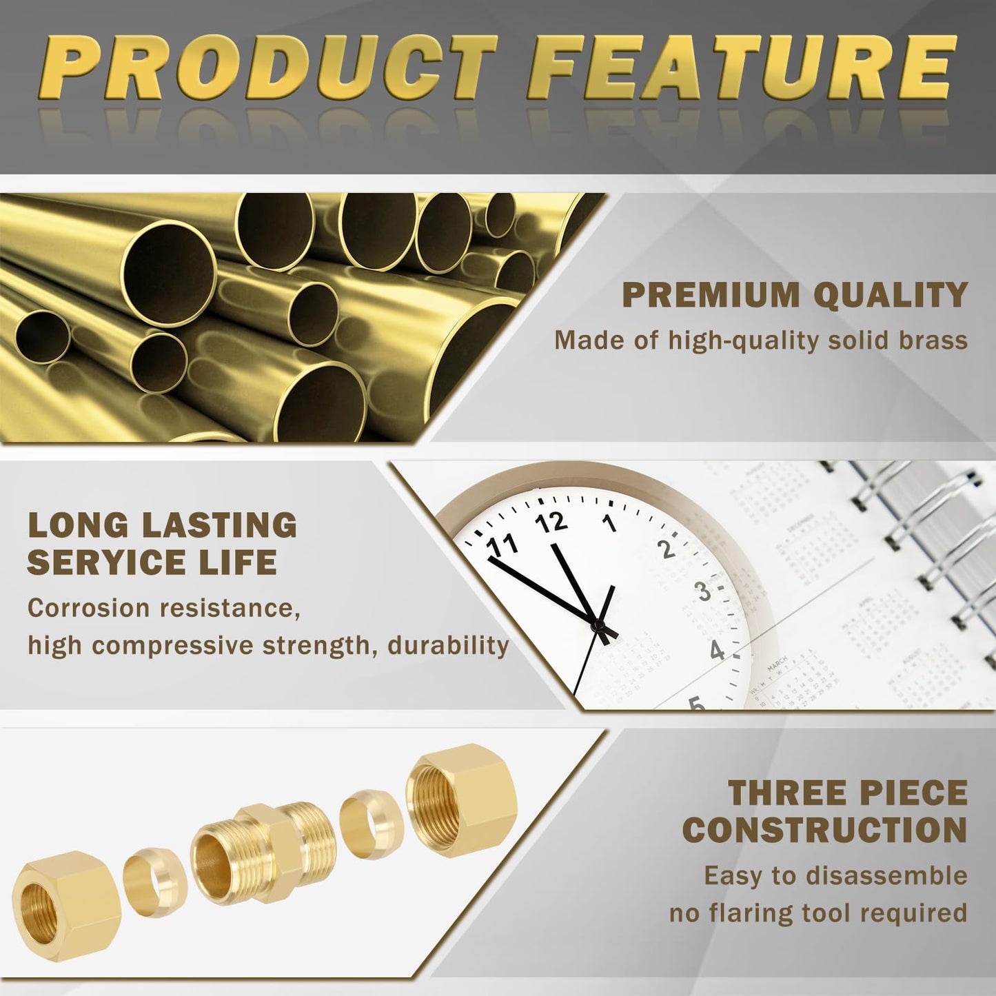Taiidaues Brass Compression Tube Fitting, 10 PCS 3/8" OD Compression Union Connectors & 10 PCS Compression Sleeves Ferrules