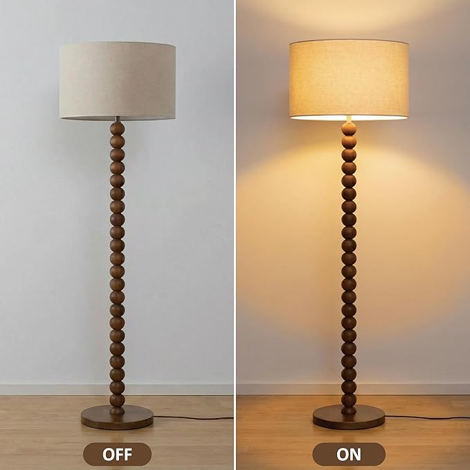 Buruis 61" Beaded Wood Floor Lamp with 17.2" Large Linen Shade, UL Listed, Retro Mid-Century Accent Walnut Finish Standing Lamp for Living Room, Bedroom, Office, Corner, Beige