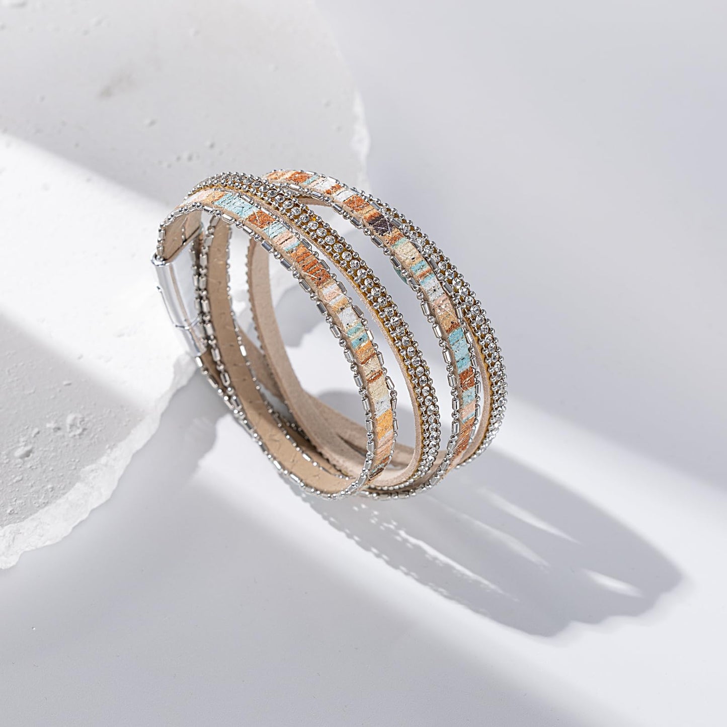 FANCY SHINY Boho Leather Wrap Bracelet Stackable Crystal Rhinestone Bangle Cuff with Magnetic Clasp Trendy Bohemian Jewelry for Women(Beige)
