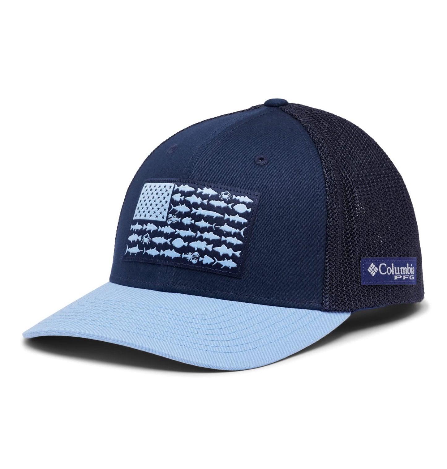 Columbia Unisex PFG Fish Flag Mesh Ball Cap - Low, Collegiate Navy/Agate Blue/Mid Atlantic Flag, Small/Medium