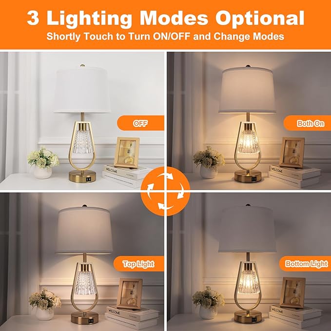 VerRon Set of 2 Touch Control Table Lamps, Dimmable Nightstand Lamps with 2 USB Ports, Bedside Lamps with Night Light, Gold Lamps with White Shade for Living Room Bedroom, 4 Bulbs Included