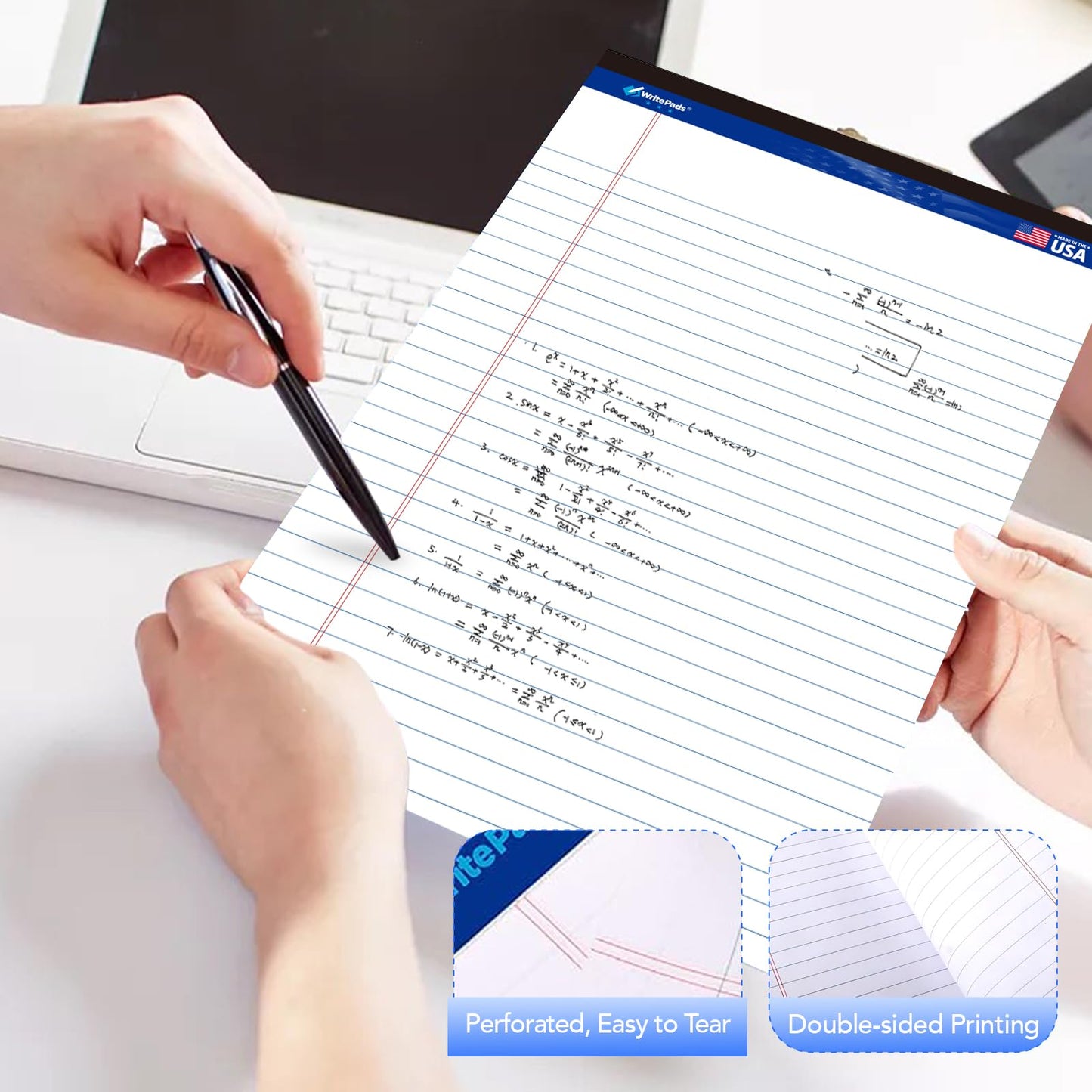 6 Pack Legal Note Pads Wide Ruled 8.5" x 11" Writing Pads (50 Sheets/Pad) White Recycled Paper Micro-Perforated Notepad Hard Back Notepads for Office & School Supplies - Made in USA