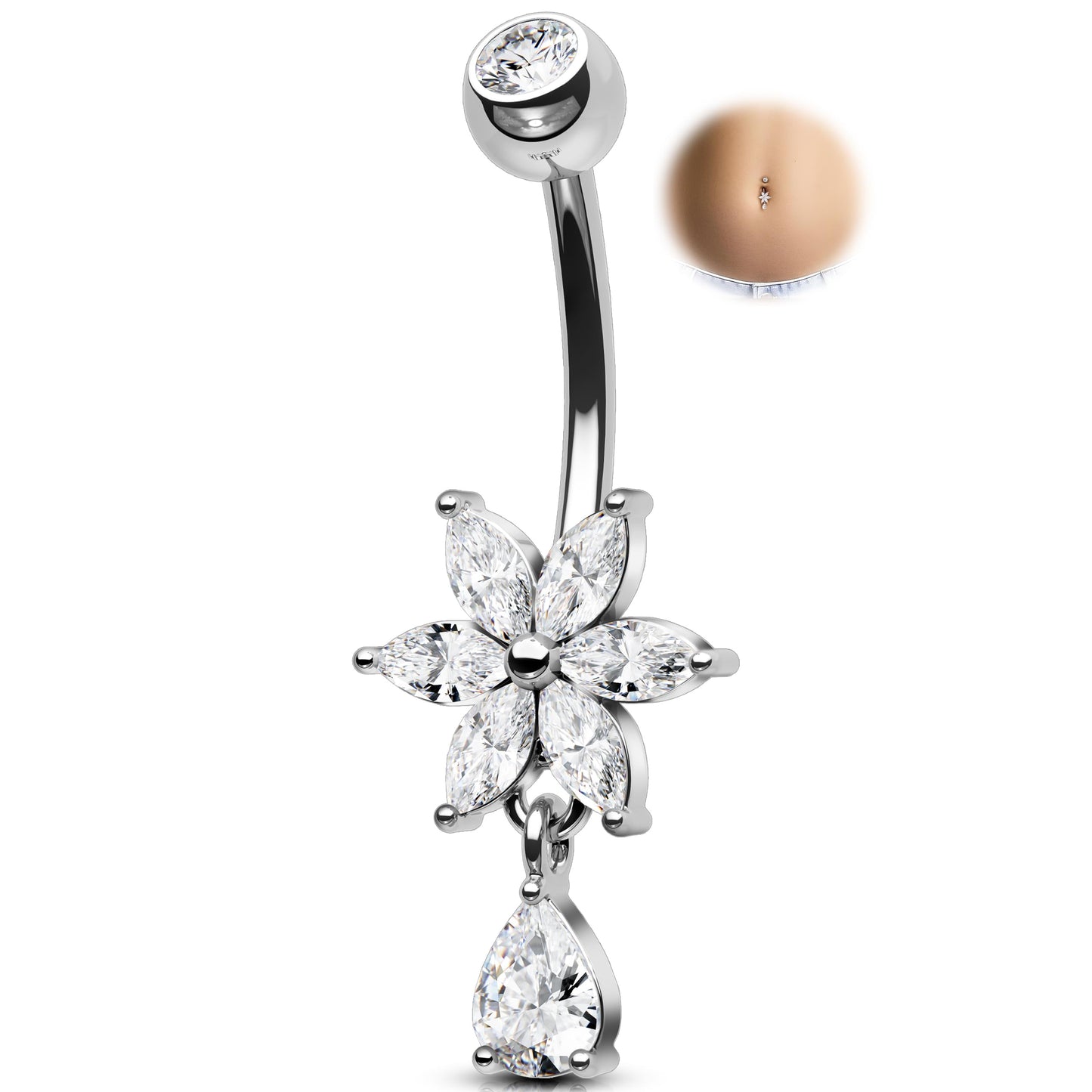 Melighting 14G Clear Belly Button Ring, Flower Belly Piercing Jewelry Surgical Steel 316L, Dangle Teardrop CZ Navel Piercing Barbell, 10 mm Silver Lotus Body Jewellery for Women