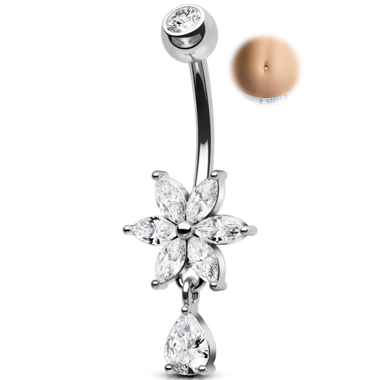 Melighting 14G Clear Belly Button Ring, Flower Belly Piercing Jewelry Surgical Steel 316L, Dangle Teardrop CZ Navel Piercing Barbell, 10 mm Silver Lotus Body Jewellery for Women