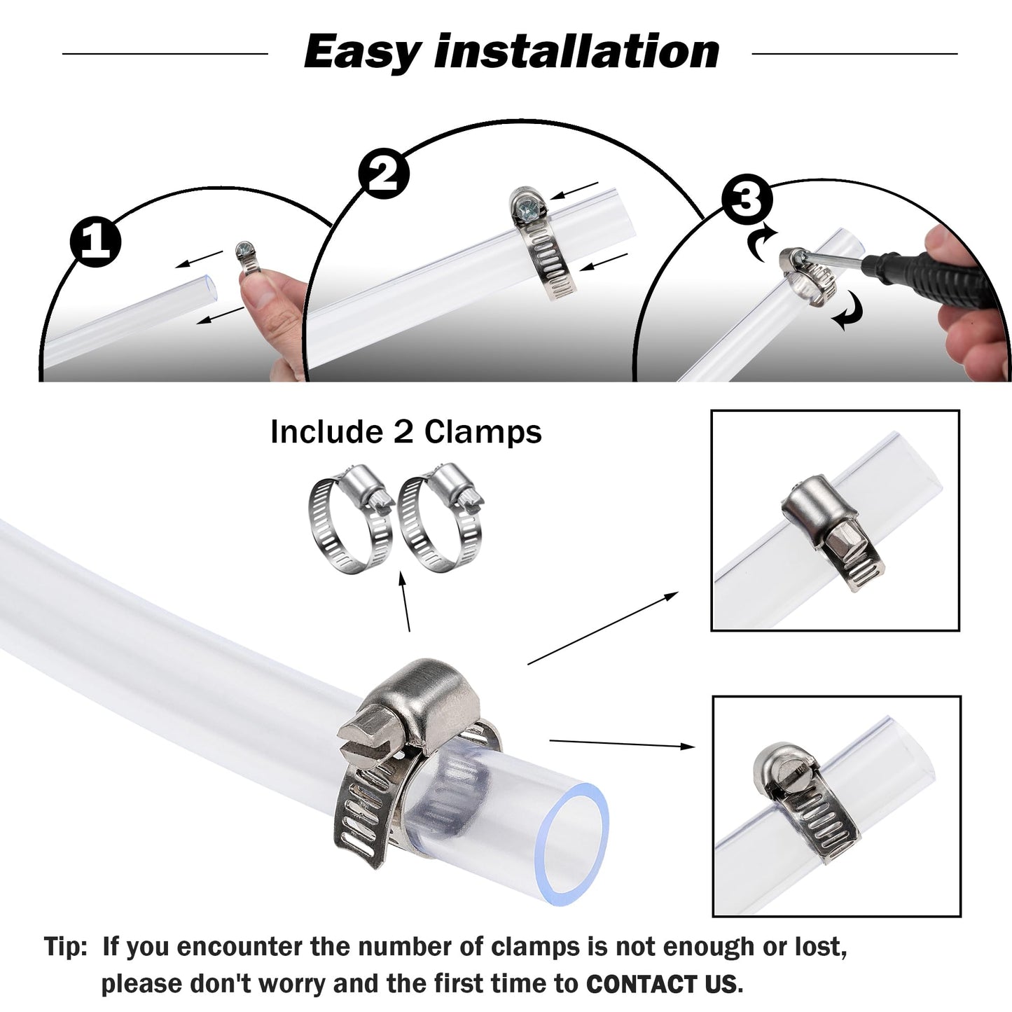 DAVCO 1/2" ID - 10 ft Clear Vinyl Tubing, Low Pressure Flexible PVC Tube, Heavy Duty UV Chemical Resistant Lightweight Plastic Vinyl Hose, BPA Free and Non Toxic, with 2 Stainless Clamps