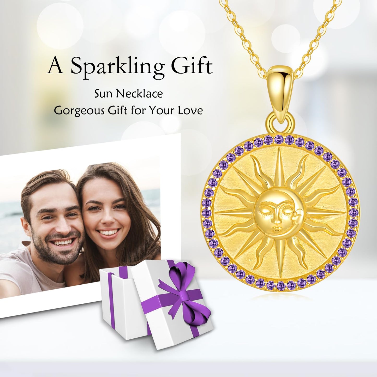 KQF Birthstone Sun Necklace for Women 925 Sterling Silver Sun and Moon Gold Plated Coin Pendant February Jewelry Gift