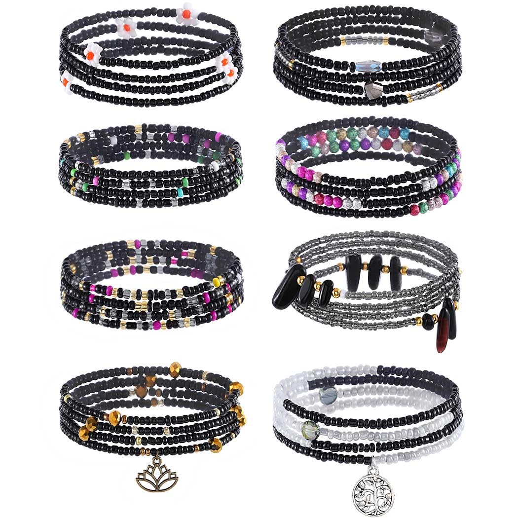 ELABEST 24-39inch African Waist Beads for Women 8Pcs Elastic Belly Beads Colorful Beaded Waist Jewelry Accessories Body Chain (Black, 47.2inch/120cm)
