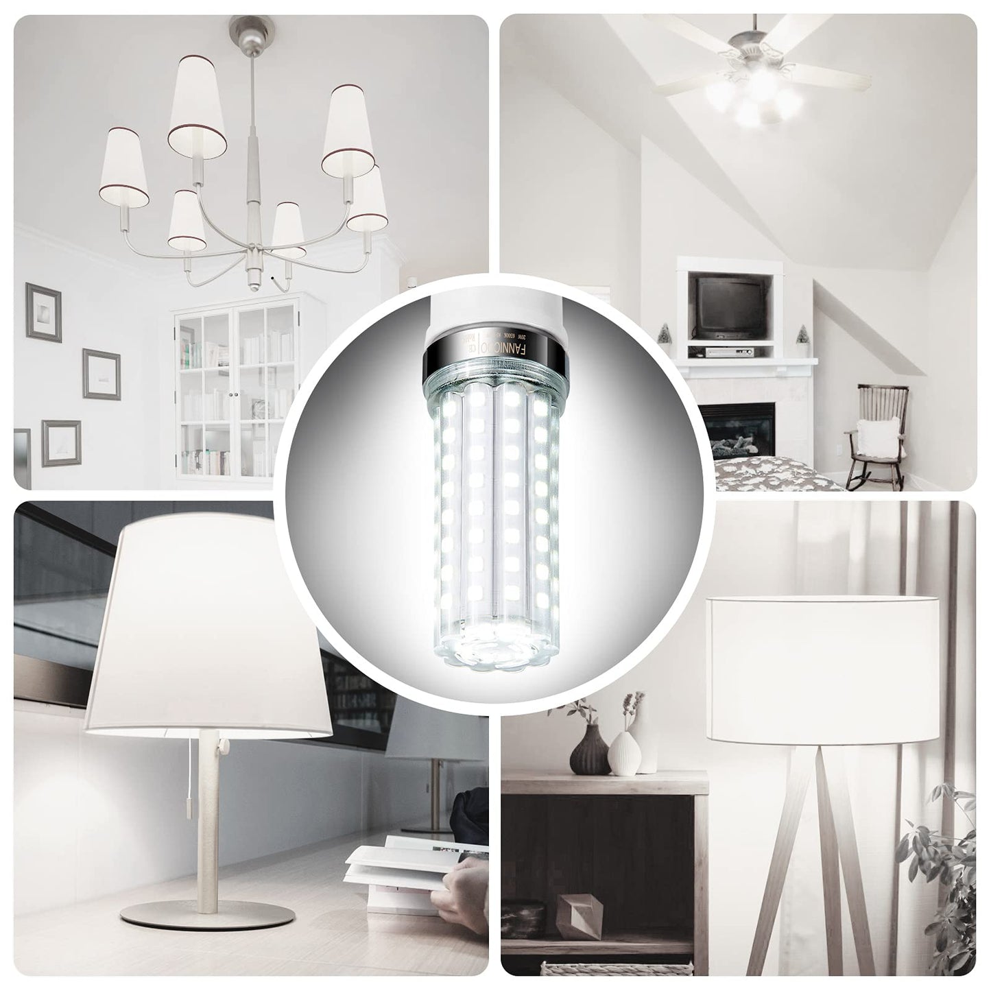 FanNicoo LED Corn Light Bulb 150W Equivalent 2500 Lumen 6500K Cool Daylight White 20W E26/E27 Base Non-dimmable Ceiling Fan Corn Lighting for Home Garage Warehouse Indoor LED Corn Bulbs Pack of 4